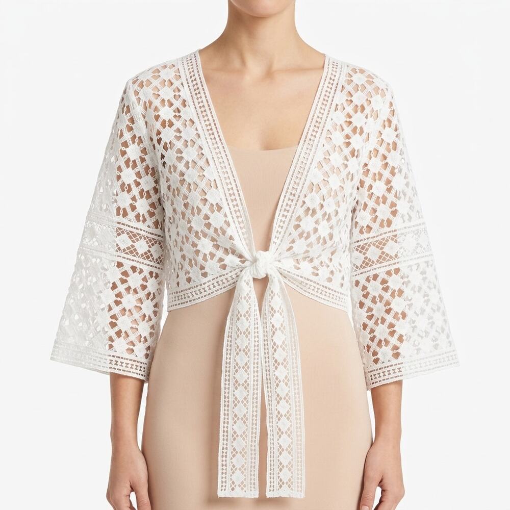 House of Harlow 1960 White Lace Tie-Front Kimono Shrug One Size NWT